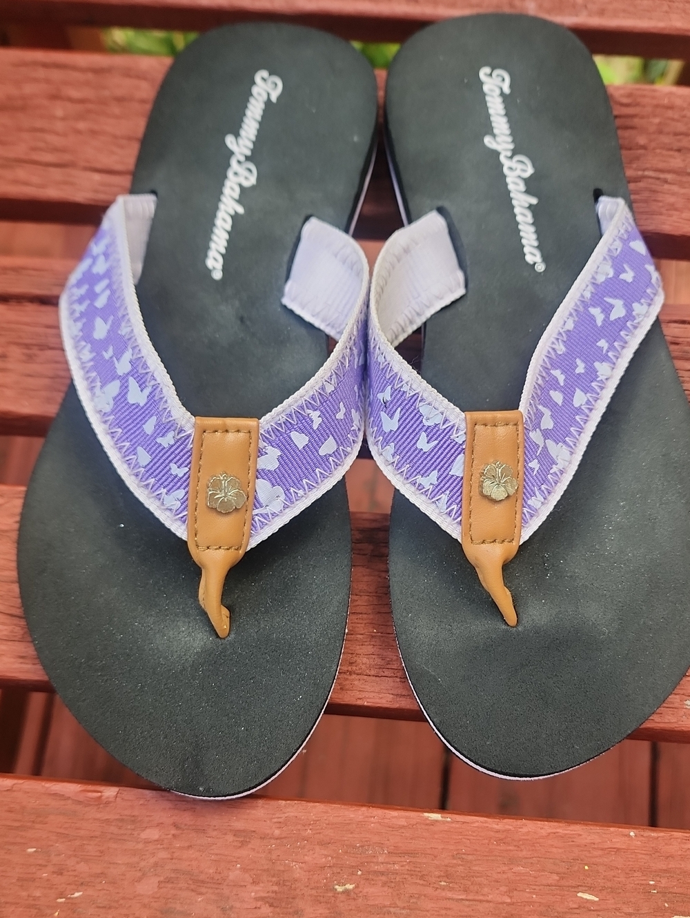 Tommy Bahama Purple Patterned Strap Flip Flops with Tan Accents